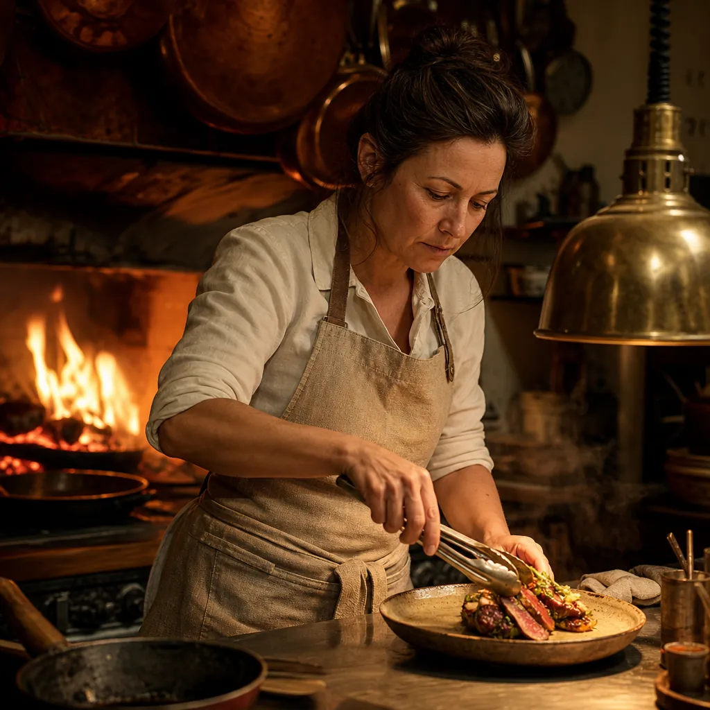 Chef Maren Sluder at the pass in a linen apron, plating by the light of the open hearth