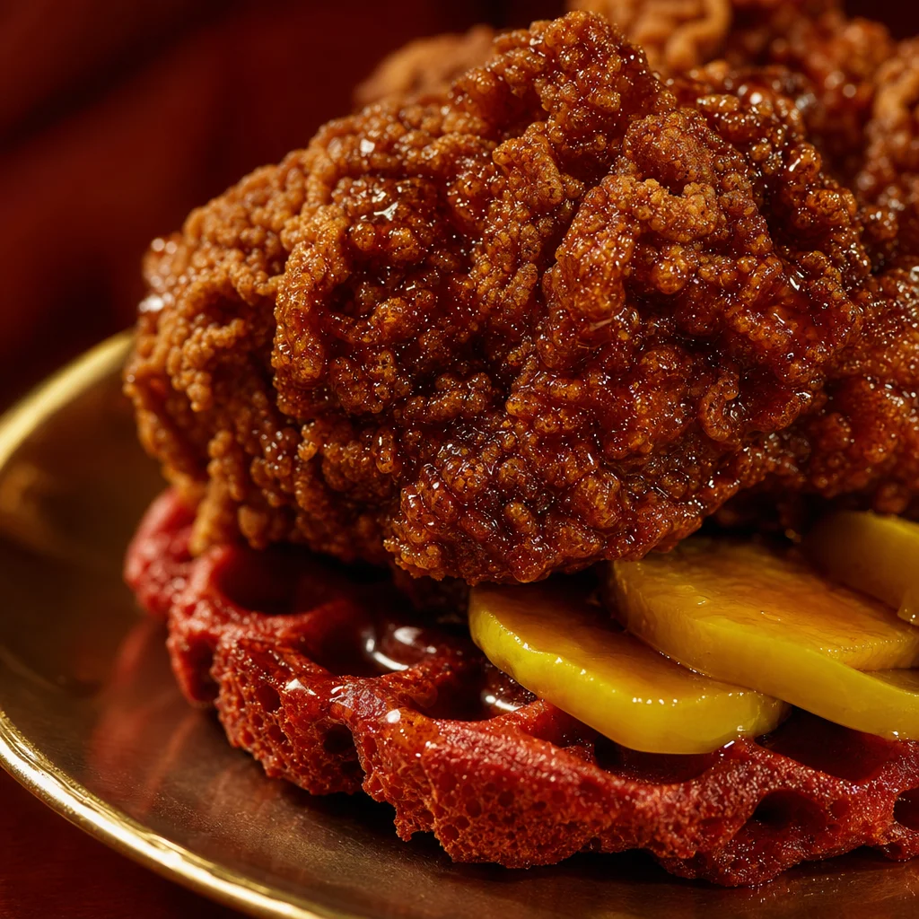 Detail of crisp fried-chicken crust over the corn waffle with pickled turnips