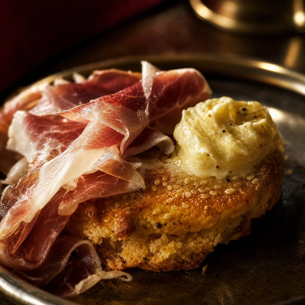 Detail of benne seeds on a griddled biscuit with ham draped over