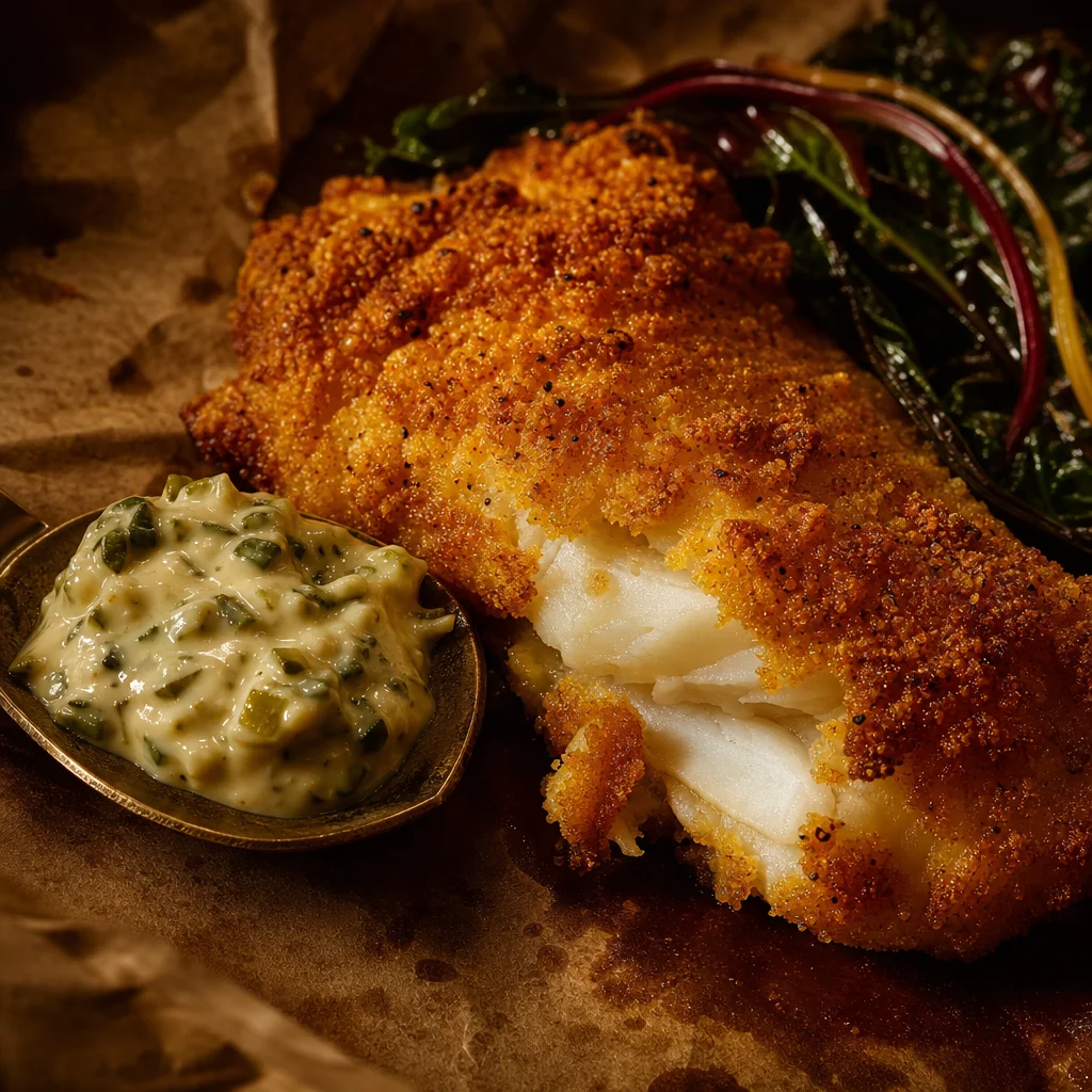 Golden cornmeal crust detail with pickled-ramp tartar alongside