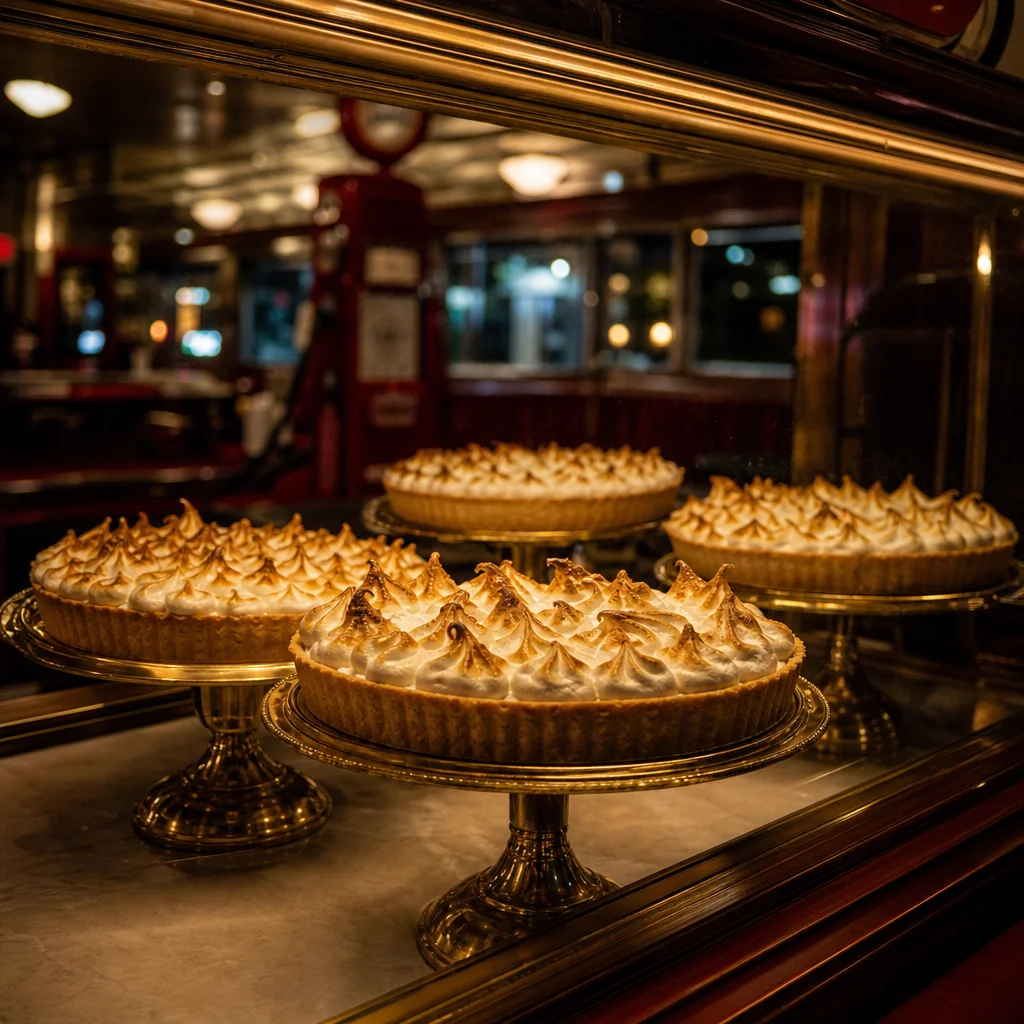 The pie counter case with whole chess pies under warm light
