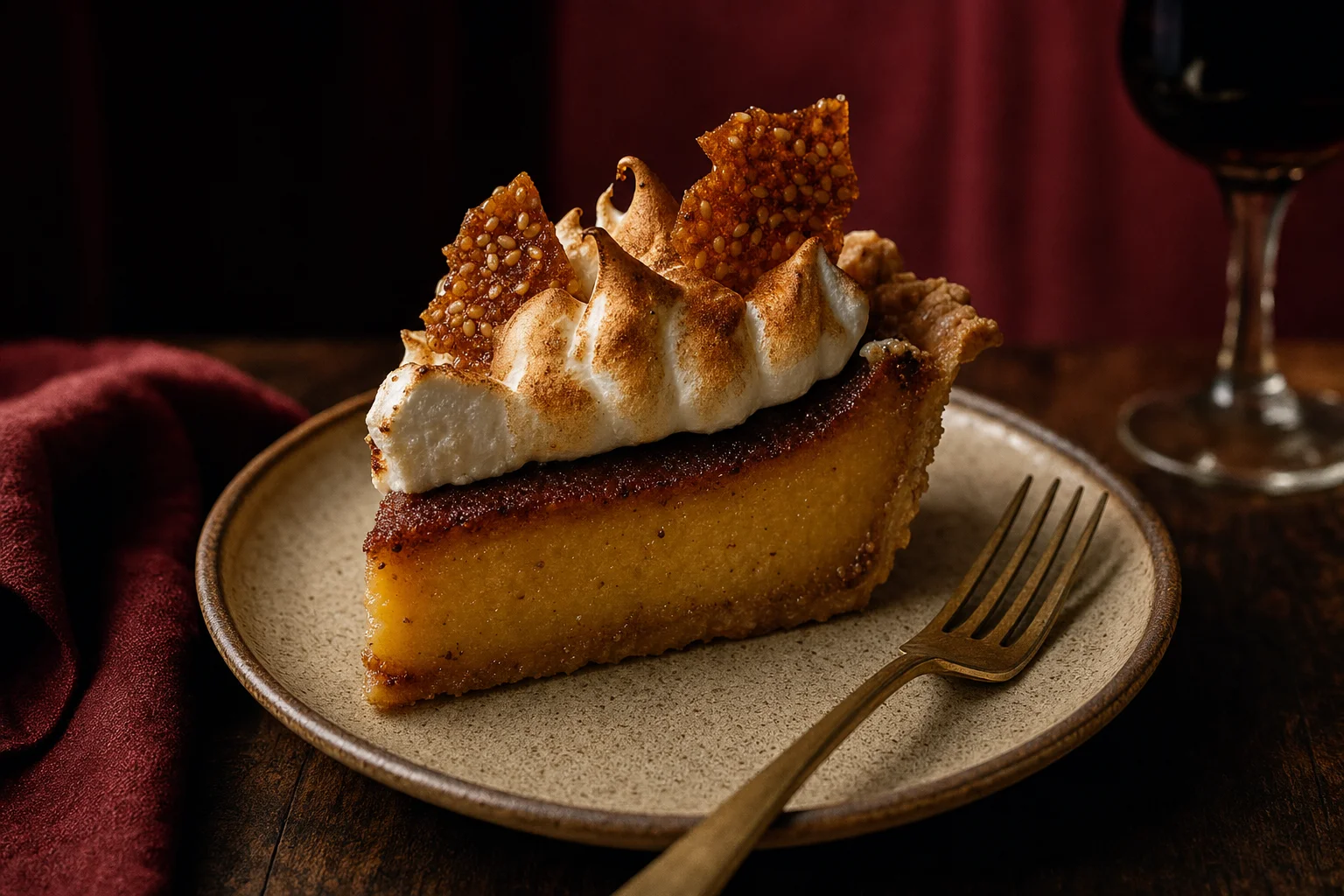 Slice of buttermilk chess pie with torched meringue and benne brittle on a stoneware plate