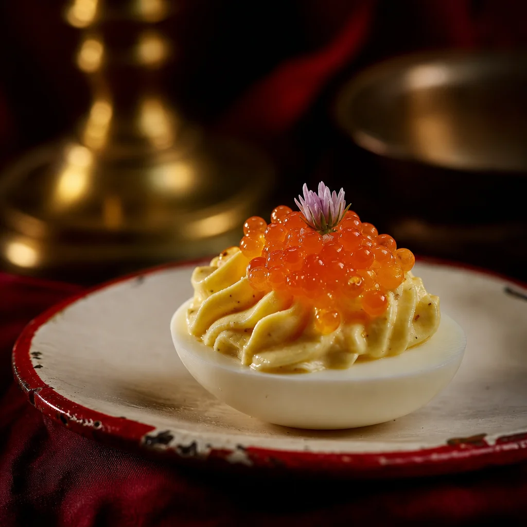 Close view of a single deviled egg with glistening trout roe