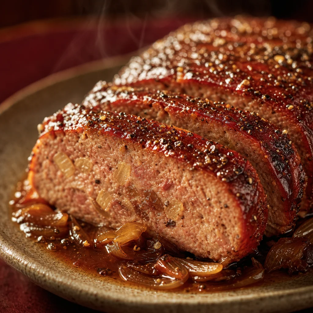 Close view of sorghum-lacquered meatloaf slices showing the cure and glaze