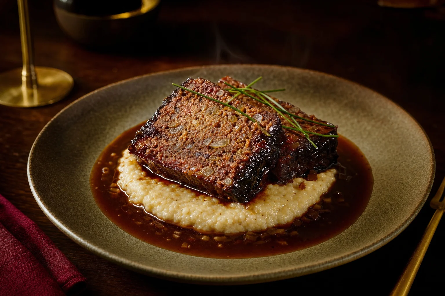 Lacquered meatloaf sliced like a terrine on a stoneware plate with charred-onion jus and grits