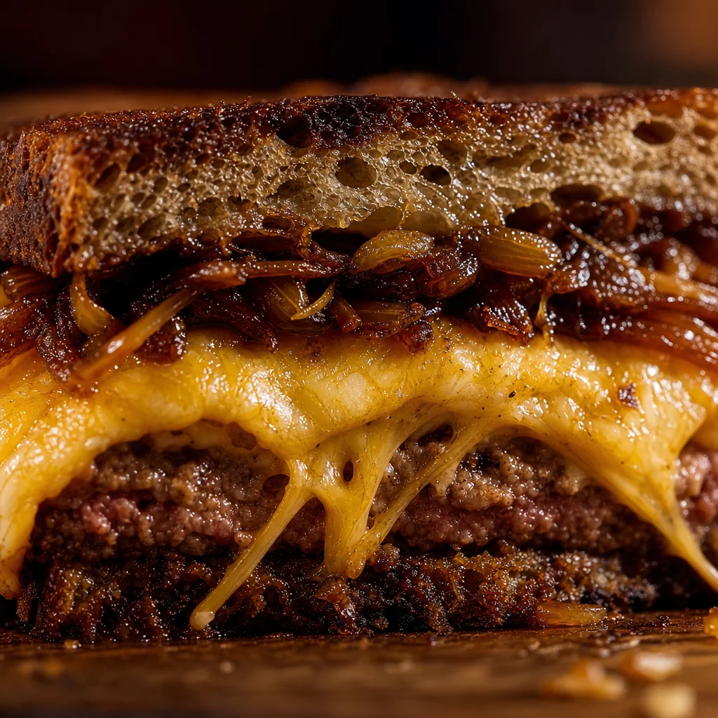 Cross-section of the patty melt showing dry-aged beef and melted cheddar layers
