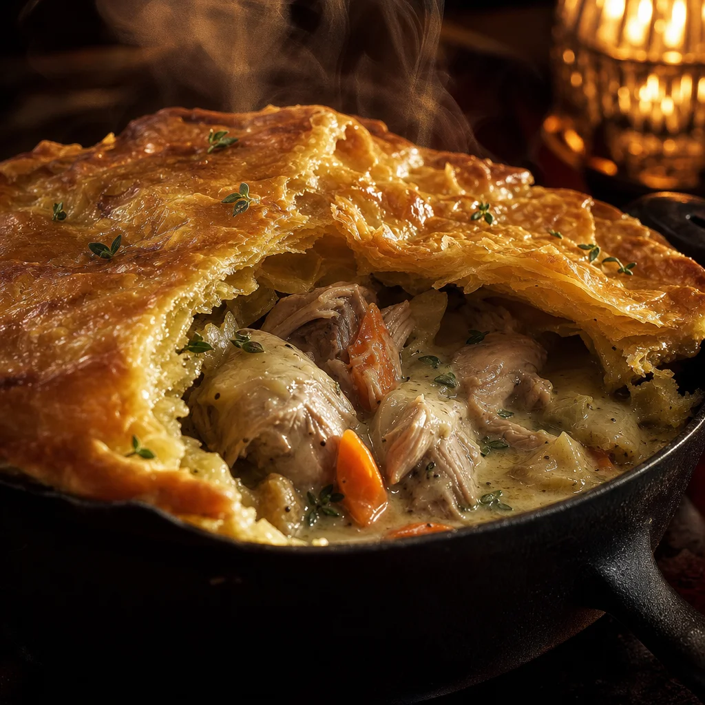 Steam rising from the opened rabbit pot pie with thyme velouté