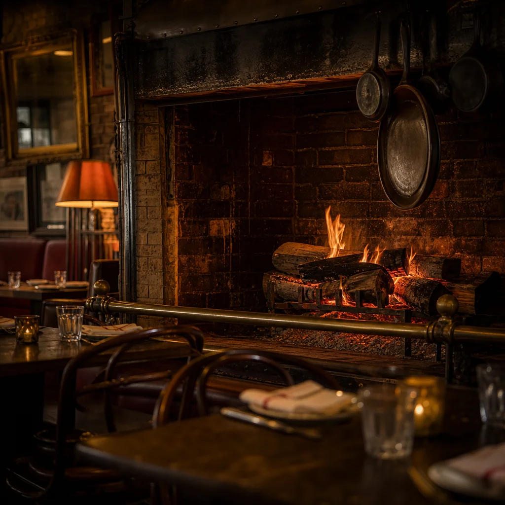 The open hearth glowing at the back of the dining room, flanked by the old service-bay doors