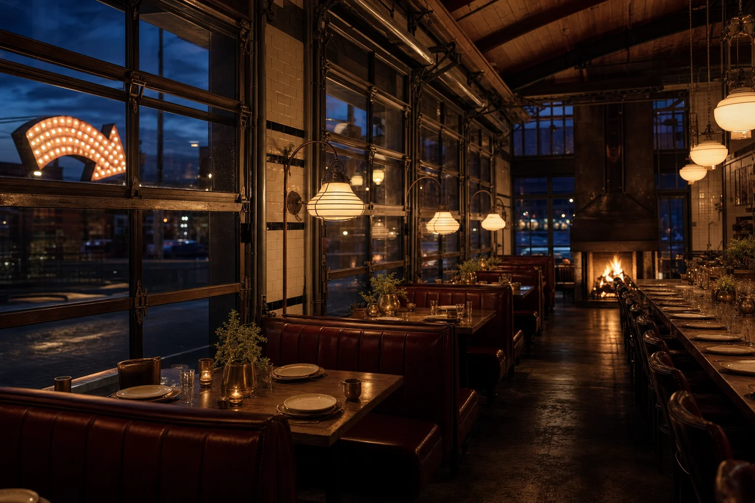 The dining room at service: leather booths under globe lamps, the hearth burning at the far end