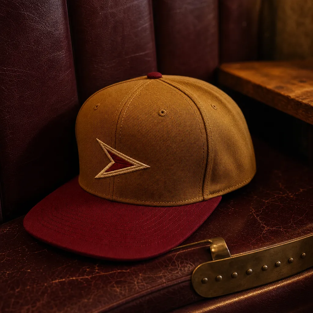 Mustard-gold trucker cap with an embroidered red arrow logo on a leather booth seat