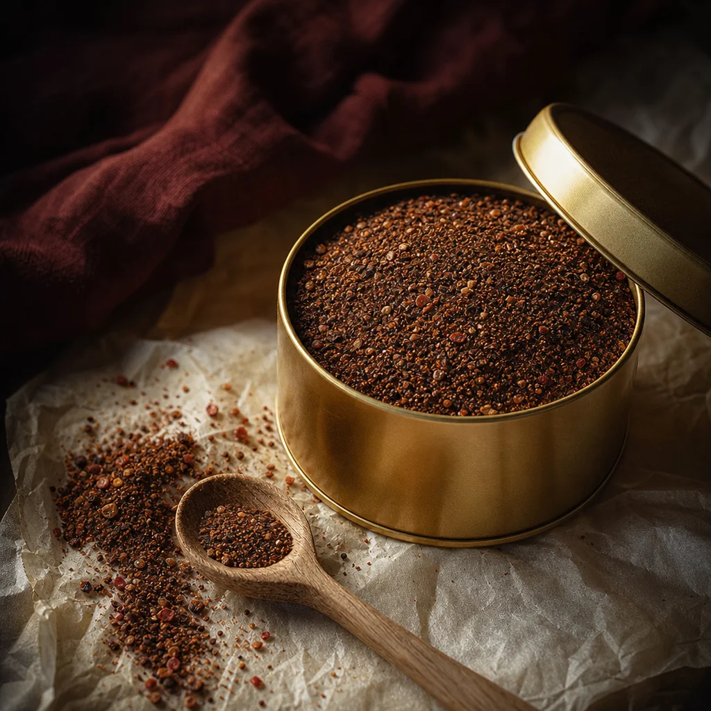 Open brass-colored tin of dark dry rub spice blend on butcher paper
