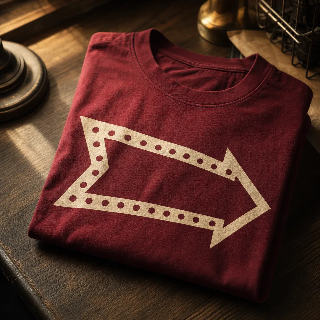 Oxblood-red t-shirt with a cream marquee arrow graphic, folded on a walnut table