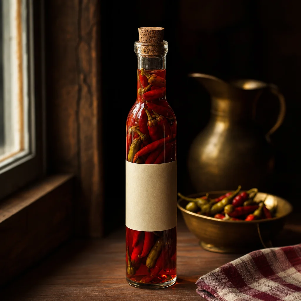 Bottle of red pepper vinegar with whole peppers visible inside, warm window light