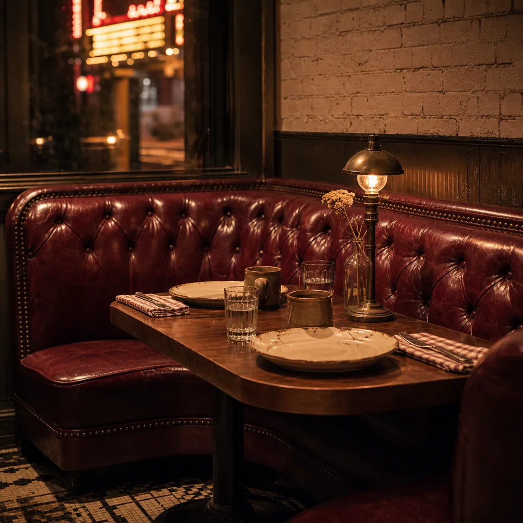 A leather booth set for supper with enamelware, checked linen napkins and a brass lamp