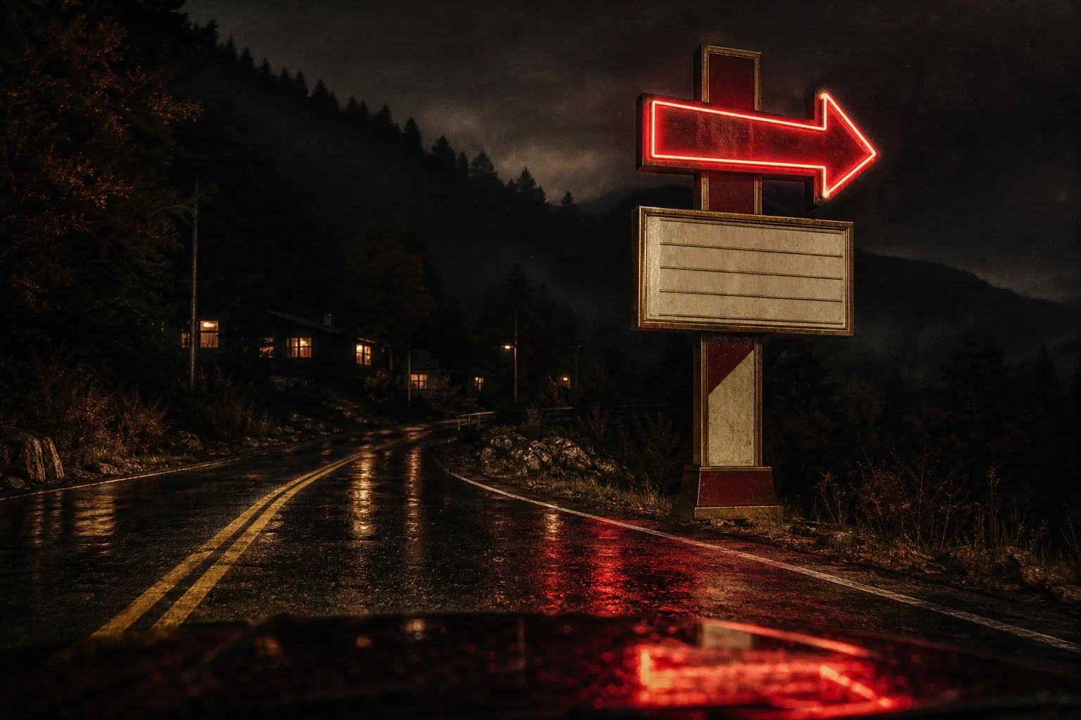 The neon arrow sign lit at the highway shoulder on a wet night, its blank letterboard below it
